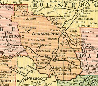 Early map of Clark County,  Arkansas including Arkadelphia, Amity, Gurdon, Okolona, Gum Springs